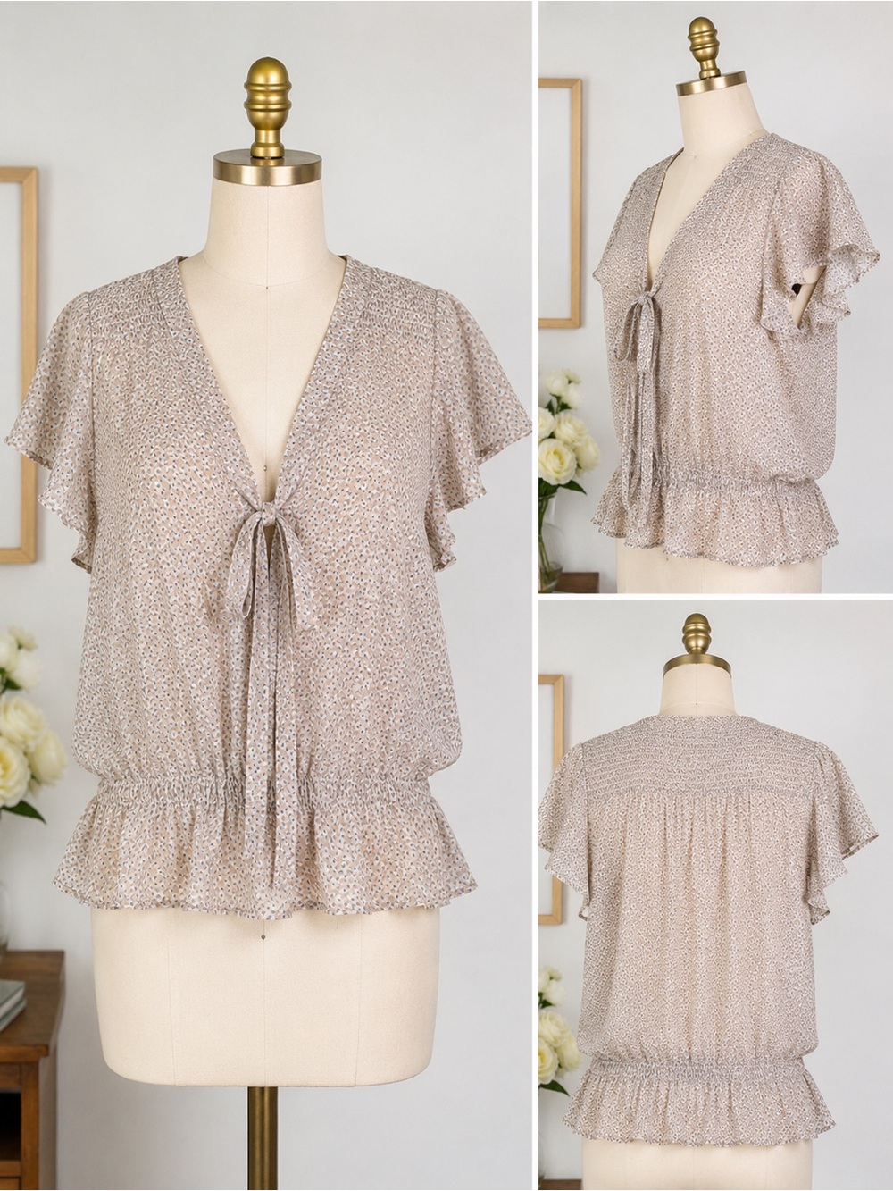 GAP Tie-Front Ruffle Hem Blouse in Taupe Floral